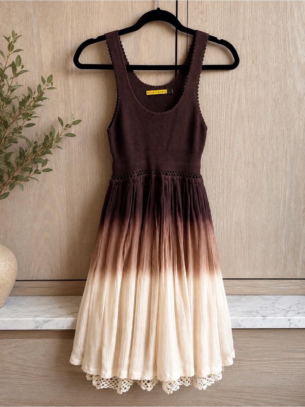 ALICE + OLIVIA Tula Silk Ombre Dress XS Brown Cream Crochet Lace Boho Resort - Picture 4 of 16